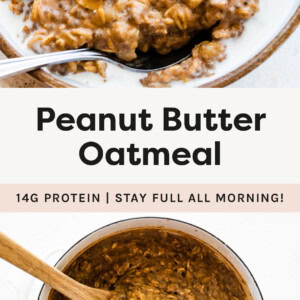 Bowl of Peanut Butter Oatmeal topped with chia seeds, peanut butter, milk, banana and blueberries. Photo of the oatmeal in a pot with a wooden spoon.
