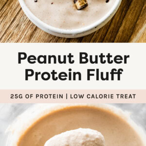 Bowl of Peanut Butter Protein Fluff topped with chopped peanut butte cup. Photo below is a spoon with a bite of the fluff from a food processor.