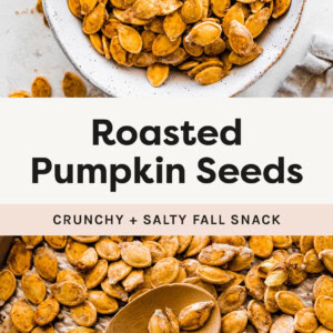 Bowl of Roasted Pumpkin Seeds and a sheet pan with Roasted Pumpkin Seeds and a wooden spoon.