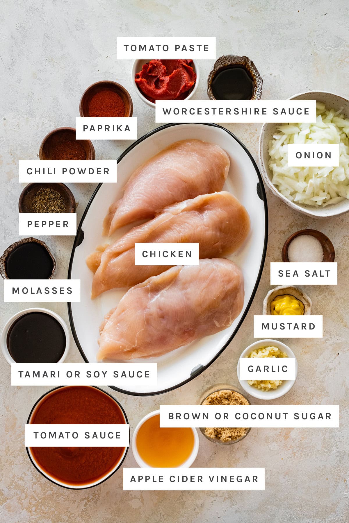 Ingredients used for slow cooker shredded BBQ chicken include: tomato paste, worcestershire sauce, paprika, onion, chili powder, pepper, molasses, chicken, tamari, tomato sauce, vinegar, brown sugar, garlic, mustard, and salt.