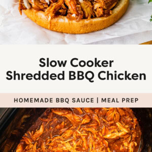 Photo of a Slow Cooker Shredded BBQ Chicken sandwich with coleslaw on it, photo below of the bbq chicken in a slow cooker.