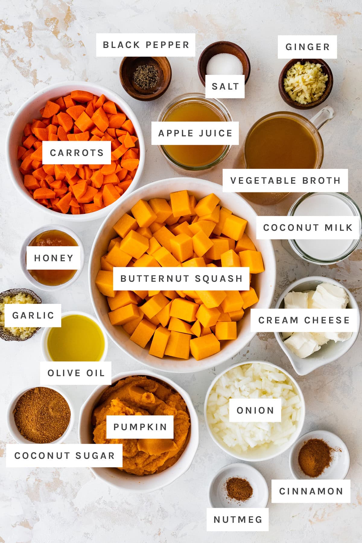 Ingredients measured out to make Autumn Squash Soup: black pepper, salt, ginger, apple juice, vegetable broth, carrots, coconut milk, butternut squash, honey, garlic, olive oil, cream cheese, coconut sugar, pumpkin, onion, nutmeg and cinnamon.