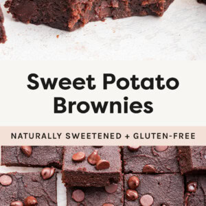 Sweet Potato Brownie with a bite taken out of it and Sweet Potato Brownies on a table.