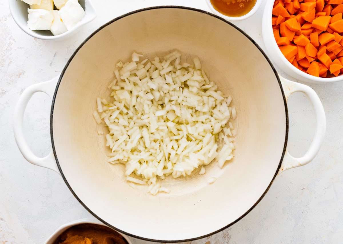 A large pot of diced white onion.