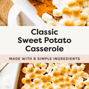 Sweet potato casserole topped with marshmallows. A spoon is scooping out a portion in the pan. Another photo shows the whole casserole.