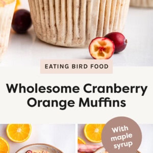 Photo of a Cranberry Orange Muffins and two photos showing cranberries being stirred into a bowl of muffin batter.