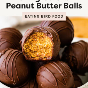 Chocolate covered peanut butter balls in a bowl with one ball having a bite taken from it.