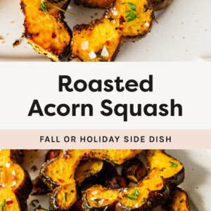 Photos of Roasted Acorn Squash topped with thyme, red pepper and salt.