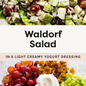 Waldorf Salad served over a bed of lettuce. Photo of grapes, herbs, apples, walnuts, raisins, celery and yogurt in a bowl.