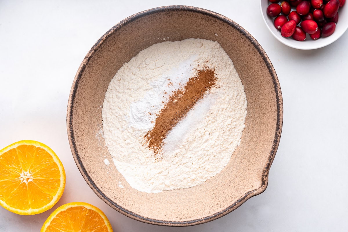 Flour, cinnamon, baking powder, and salt in a large mixing bowl.