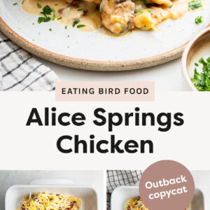 Chicken on a plate topped with cheese, mushrooms and bacon. Photos below showing the chicken in a pan, before and after being baked with the melted cheese on top.