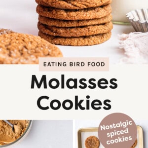 Stack of Molasses Cookies, hand taking one cookie off the stack. Photos below showing the process of rolling cookie dough balls in sugar, and then baking the cookies on a sheet pan.