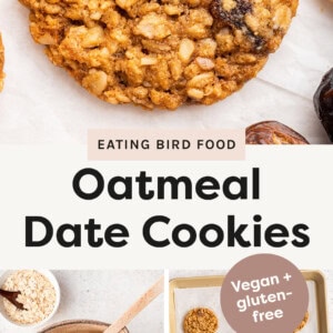 Oatmeal Date Cookie and two photos showing the process to make the cookies: mixing the cookie dough and baking cookies on a baking sheet.