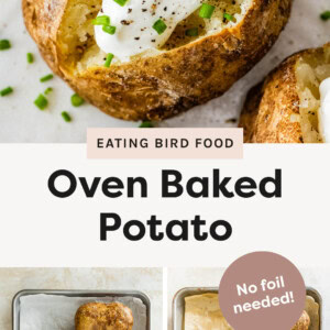 Oven Baked Potato topped with sour cream, chives and pepper. Two photos of four potatoes on a sheet pan, before and after being baked.