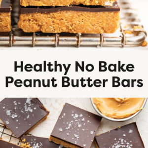 Stack of 3 Healthy Peanut Butter Bars and a photo of the bars topped with chocolate and salt on a cooling rack.