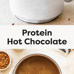Protein Hot Chocolate in a mug, topped with whipped cream and chocolate shavings and a photo of the hot chocolate in a pot.