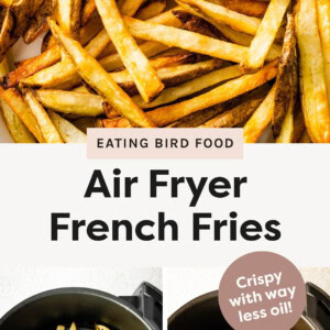 Air Fryer French Fries on a plate served with ketchup. Two photos showing the fries in the air fryer, before and after being air fried.