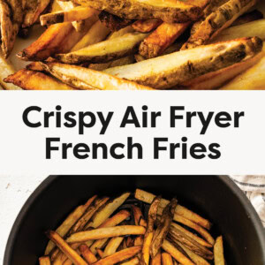 Plate of Air Fryer French Fries served with ketchup. Photo of the fries in an air fryer basket.