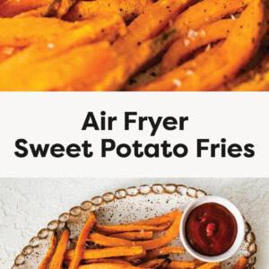 Two Air Fryer Sweet Potato Fries being dipped into ketchup. Photo below is of a plate of Air Fryer Sweet Potato Fries served with ketchup.