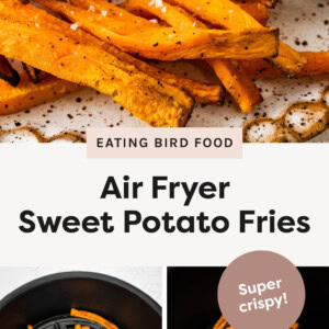 Air Fryer Sweet Potato Fries on a plate with ketchup. Two photos showing the fries in an air fryer basket, before and after being air fried.