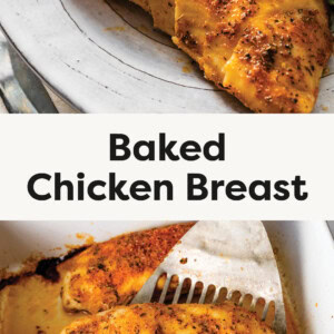 Baked Chicken Breast sliced on a plate, and a photo of a spatula lifting one chicken breast from a baking pan.