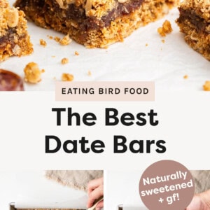 Photo of a date bar. Two photos showing the process to make Date Bars, from spreading the date mixture over an oat bottom layer, to sprinkling oat crumble on top.