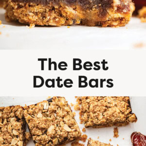 Photos of Date Bars with oat crumble on top.