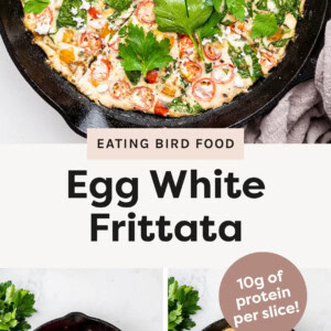 Egg White Frittata in a skillet with slices cut. Photo of veggies in the skillet, and then the frittata baked with egg whites.