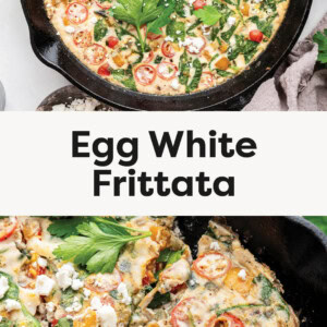 Egg White Frittata in a skillet. Close up photo of a slice of the frittata in a skillet.