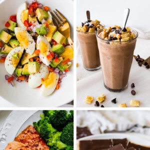 Collage of four photos: egg and avocado bowl, muddy buddy shake, balsamic salmon, and protein bark.