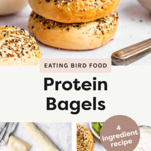 Photo of three everything protein bagels stacked. Photo of the bagel dough being formed, and a bird's eye photo of the bagels sliced in half.