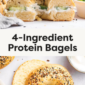 Everything protein bagel cut in half, filled with cream cheese and cucumber. Photo of a bagel sliced in half.