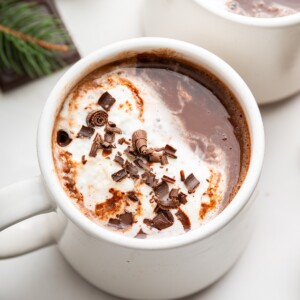 A white mug with hot chocolate with chocolate shavings and a touch of whipped cream.