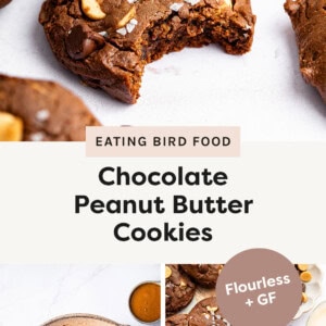 Chocolate Peanut Butter Cookie with a bite taken from it. Photo of cookie dough for the cookies in a bowl, and a photo of the cookies on a wood board.