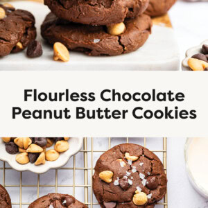 Four chocolate peanut butter cookie stacked on top of each other. Photo of three cookies on a gold wire cooling rack.
