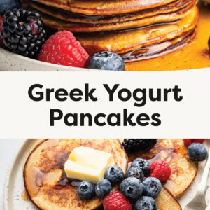 Photo of a stack of Greek Yogurt Pancakes, and a photo of the pancakes on a plate, both topped with berries and maple syrup.