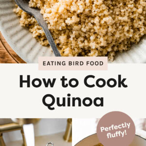 Three photos showing quinoa in a dish with a spoon, dry quinoa being rinsed, and cooked quinoa in a pot with a spoon taking a serving.