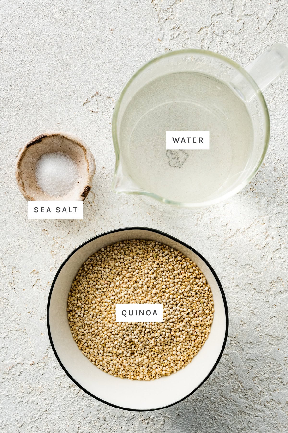 Ingredients measured out to make quinoa: sea salt, water and quinoa.