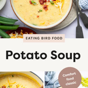 One photo of the soup in a bowl topped with cheese and bacon, one bowl with a spoon and one of the process