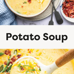 Two photos of the Potato Soup: one photo of the soup in a bowl topped with cheese and bacon and a photo of the soup in a pot with a wooden spoon