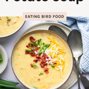 One photo of the soup in a bowl topped with cheese and bacon