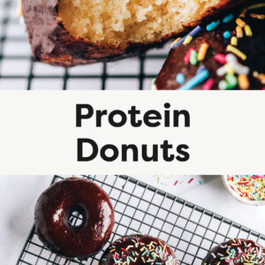 Protein Donut with a bite taken from it. Photo of the donuts on a rack, dipped in chocolate and topped with sprinkles.