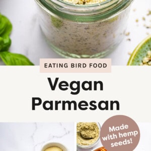 Jar of Vegan Parmesan Cheese with a spoon, photo of the ingredients measured out to make the recipe, and a photo of the vegan cheese on top of pasta.