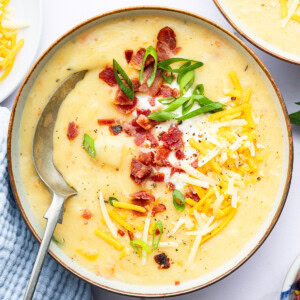 A bowl of potato soup with a silver spoon in it. The soup is topped with bacon bits, green onion, shredded cheese and sour cream.