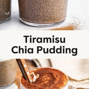 Two photos of Tiramisu Chia Pudding. One photo of cocoa powder being sifted on top of the pudding. Another photo of the pudding in a glass jar with a spoon in the glass.