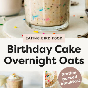 Three photos of the Birthday Cake Overnight Oats. One with the jar and sprinkles shot straight on. One with a spoon in the jar zoomed out. One of an overhead shot and the spoon on the table.
