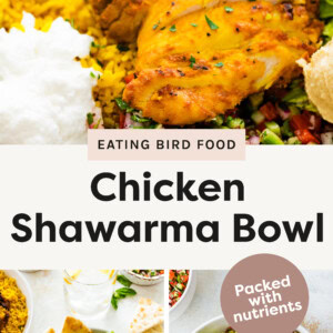 Top photo is a close up of the chicken shawarma bowl. Bottom left is an overhead shot of the chicken shawarma bowl with a fork on the side. Bottom right photo is a process shot before the chicken gets added to the bowl.