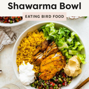 This photo is the chicken shawarma bowl as an overhead shot.