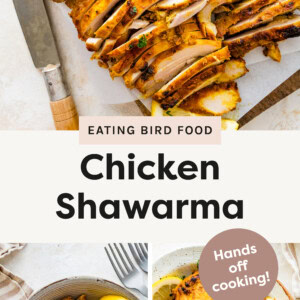 The top photo is a photo of Chicken Shawarma sliced up on a cutting board with a knife beside of it. The left bottom photo is Chicken Shawarma in a bowl with a few lemon slices. The right photo is Chicken Shawarma in a casserole dish.
