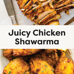 The top photo is a photo of Chicken Shawarma sliced up on a cutting board with a knife beside of it. The bottom photo is Chicken Shawarma in a casserole dish with lemon slices.